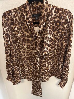 Ann Taylor Leopard-Print Tie-Neck Blouse in Brown and Cream